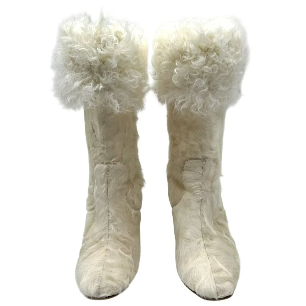 Chanel Ivory Mongolian Lamb Fur Heeled Boots
